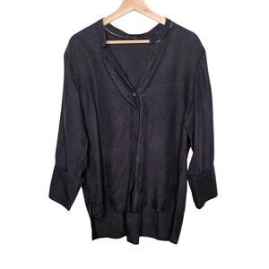 KOBI HALPERIN Black Button Up Blouse Tencel Linen Cuffed 3/4 Sleeve Medium Hi Lo